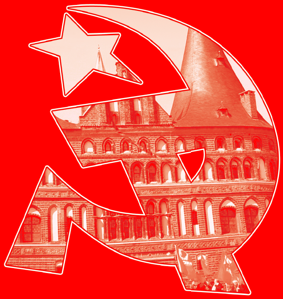 Emblem der DKP Lübeck - Ostholstein: Hammer, Sichel und Stern vor dem Holstentor